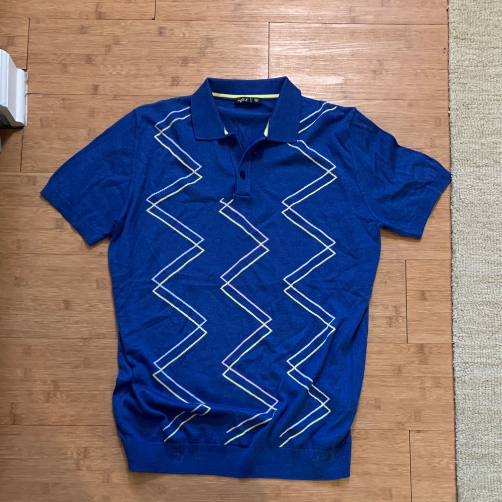 Men's Blue Short-Sleeve Polo Shirt with Zigzag Pattern